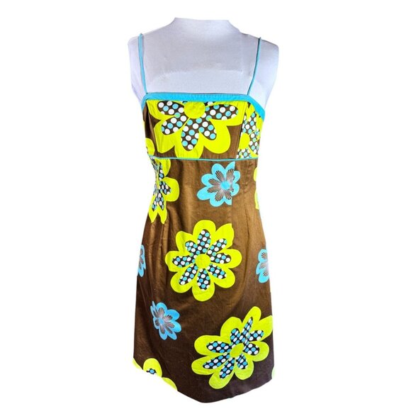 Becky & Max Floral Sleeveless Spaghetti Strap Dress Brown/Yellow/Blue - Picture 1 of 11